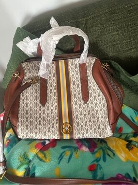 Fossil Monogram Sydney  Medium Satchel Bag in Brown and Ivory NWT